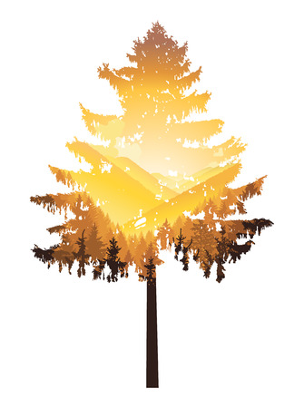Natural silhouette of coniferous tree with panorama of mountains.Yellow tones. Autumn.のイラスト素材