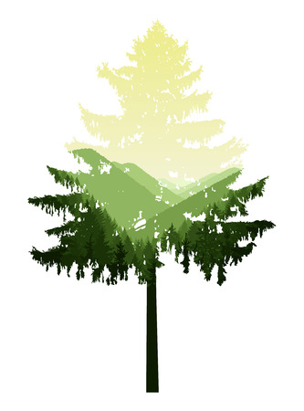 Natural silhouette of coniferous tree with panorama of mountains. Green and yellow tones.のイラスト素材