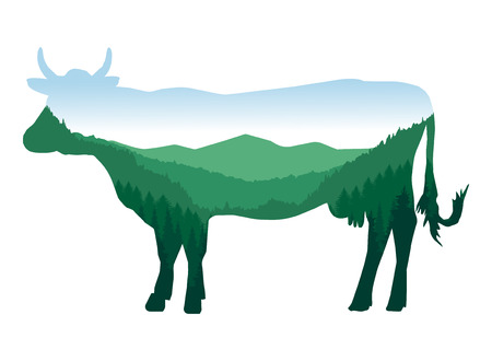 Image silhouette of cow with mountain landscape. Valley.のイラスト素材