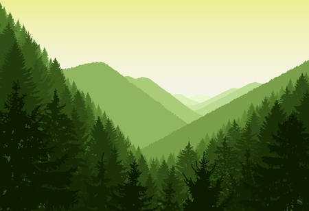 Image landscape. Panorama of mountains. Evergreen trees. Green and yellow tones.のイラスト素材