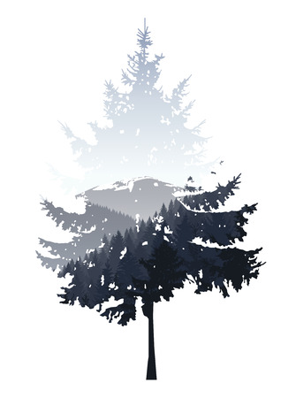 Natural silhouette of coniferous tree with panorama of grey mountains. Grey sky.のイラスト素材