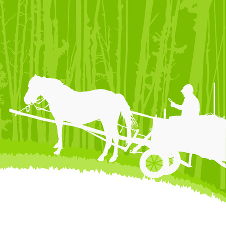 Woodland eco banner. Silhouette of calling farmer on a cart.のイラスト素材