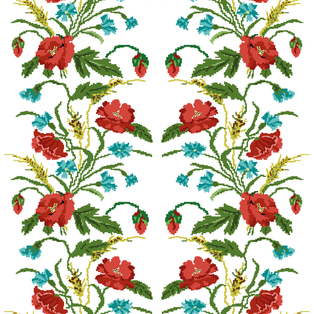Seamless pattern.Wallpapers or textile.Color  bouquet of flowers (poppies,ears of wheat and cornflowers) using traditional Ukrainian embroidery elements.  Can be used as pixel-art.のイラスト素材
