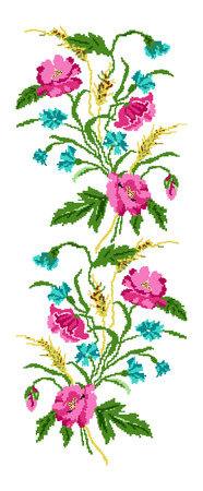 Color  bouquet of flowers (poppies,ears of wheat and cornflowers). Ukrainian embroidery elements. Hand made. Border pattern. Can be used as pixel-art.のイラスト素材