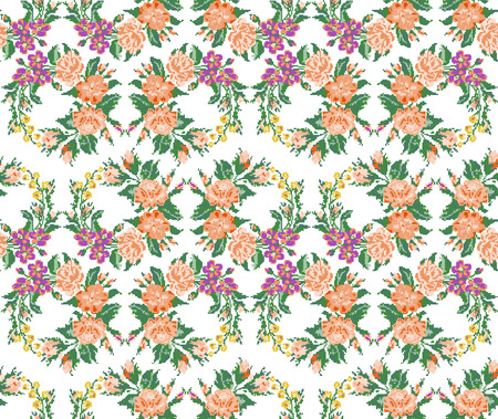 Wallpapers or textile. Color circle  bouquet of flowers (roses, chamomile and cornflowers) using Ukrainian embroidery elements.  Seamless. Pattern. Can be used as pixel-art.のイラスト素材