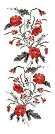 Color  bouquet of flowers (poppies,ears of wheat and cornflowers) red and grey tones. Ukrainian embroidery elements. Hand made. Border pattern. Can be used as pixel-art.のイラスト素材
