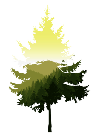 Silhouette of coniferous tree with panorama of green mountains. Yellow sky.のイラスト素材