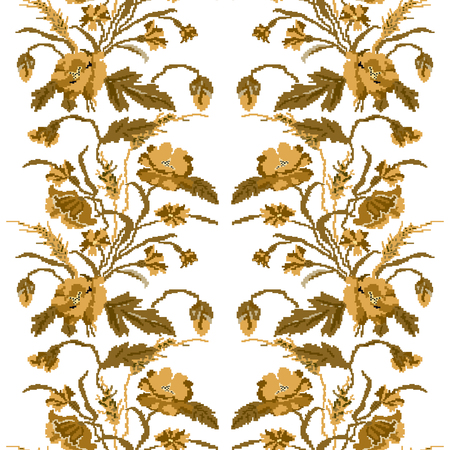 Color  bouquet of flowers (poppies,ears of wheat and cornflowers) brown tones. Ukrainian embroidery elements. Hand made. Seamless pattern. Can be used as pixel-art.のイラスト素材
