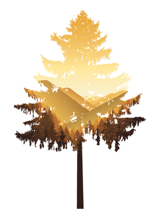 Natural silhouette of coniferous tree with panorama of mountains. Brown tones.のイラスト素材