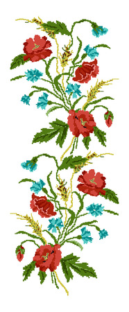 Color  bouquet of flowers (poppies,ears of wheat and cornflowers) using traditional Ukrainian embroidery elements. Border pattern. Can be used as pixel-art.のイラスト素材