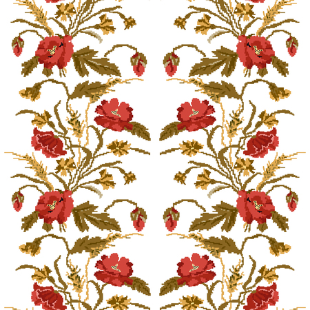 Color  bouquet of flowers (poppies,ears of wheat and cornflowers) red and brown tones. Ukrainian embroidery elements. Hand made. Seamless pattern. Can be used as pixel-art.のイラスト素材