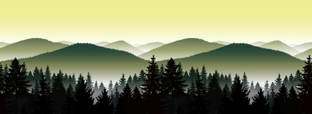 Seamless landscape. Panorama of mountains.  A fog. Green and yellow tones.のイラスト素材