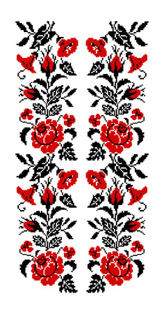 Color bouquet of flowers (roses, bellflowers and pansies) using traditional Ukrainian embroidery elements. Red and black tones. Seamless  pattern. Can be used as pixel-art.のイラスト素材