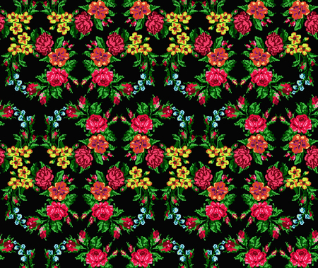Wallpapers or textile. Color circle  bouquet of flowers (roses, chamomile and cornflowers) on the black background using Ukrainian embroidery elements. Seamless. Pattern. Can be used as pixel-art.のイラスト素材