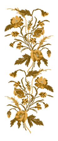 Bouquet of flowers (poppies,ears of wheat and cornflowers) brown tones. Ukrainian embroidery elements. Hand made. Border pattern. Can be used as pixel-art.のイラスト素材