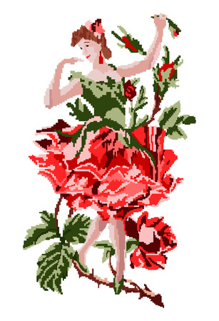 Image decor. Girl as flower rose dancing in a branch using traditional Ukrainian embroidery elements. Handmade. Can be used as pixel-art. Emblem. Logo. Symbol.のイラスト素材