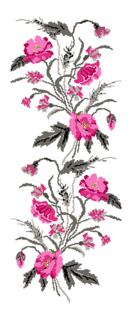 Color  bouquet of flowers (poppies,ears of wheat and cornflowers)pink and grey tones. Ukrainian embroidery elements. Hand made. Border pattern. Can be used as pixel-art.のイラスト素材