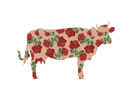 Silhouette of cow with color image of flowers (roses) using traditional Ukrainian embroidery elements.のイラスト素材