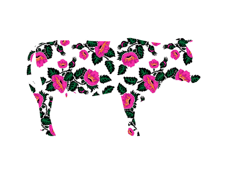 Silhouette of cow with flowers. Pink poppies. Ukrainian style.のイラスト素材