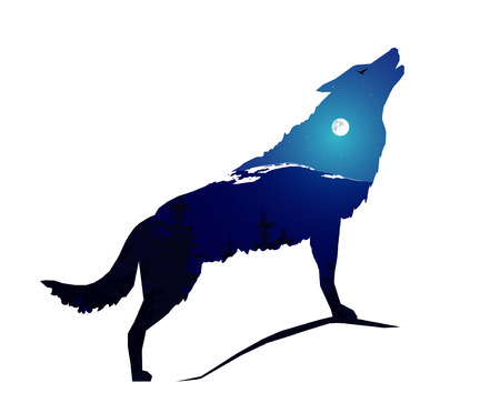 Image abstract. Silhouette of howling wolf with mountains landscape. Night. Moonlights.のイラスト素材