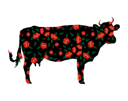 Silhouette of cow with flowers on the black background . Yellow poppies. Ukrainian style.のイラスト素材