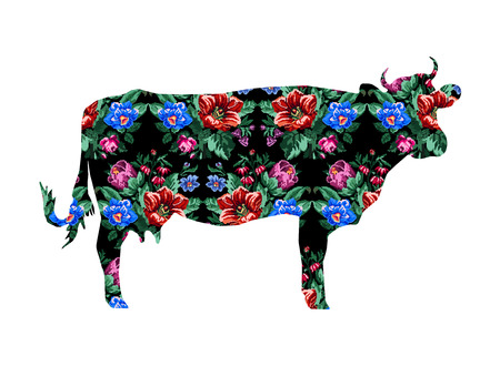 Silhouette of cow with color bouquet of wildflowers (lilia, bellflower, barberry flower and cornflowers)  on the black background using traditional Ukrainian embroidery elements.のイラスト素材