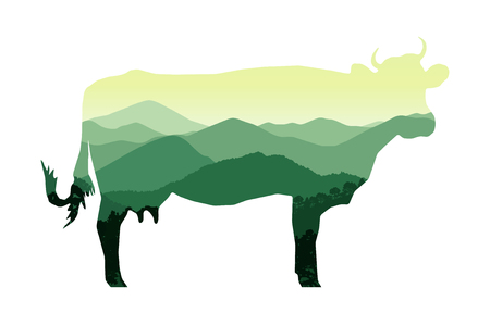 Silhouette of cow with mountain hills.のイラスト素材