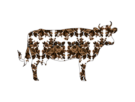 Silhouette of cow with bouquet of flowers (roses and cornflowers) using traditional Ukrainian embroidery elements. Sepia.のイラスト素材