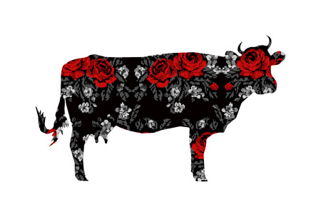 Silhouette of cow with bouquet of flowers (roses and cornflowers) on the black background using traditional Ukrainian embroidery elements.のイラスト素材