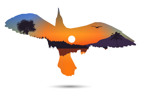 Silhouette of gull with landscape. Sunset on exotic island with volcano and palms. A birds on the background of colorful sky . Blue and yellow tones.のイラスト素材