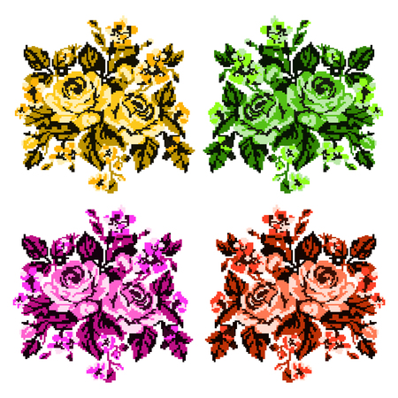 Color bouquet of flowers (roses and cornflowers) in red,yellow,green and pink tones using traditional Ukrainian embroidery elements.  Can be used as pixel-art, card, emblem, icon. Yellow and green tones.のイラスト素材