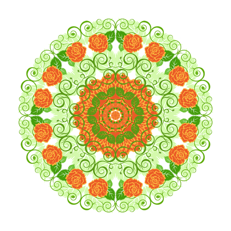 Circular floral lace pattern. Vintage style. Can be used for invitation, menu, card design, for pillow design, banners, signs and others. Orange and green tones.のイラスト素材