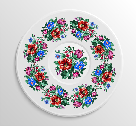 Table appointments in restaurant.. Decorative plate with round ethnic ornament. Ukrainian style. Vintage floral pattern.のイラスト素材