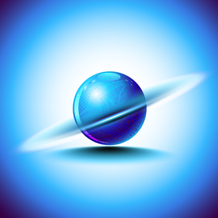 Abstract blue sphere like planet Saturn or rotating nucleus with mandala art. Digital logo.のイラスト素材