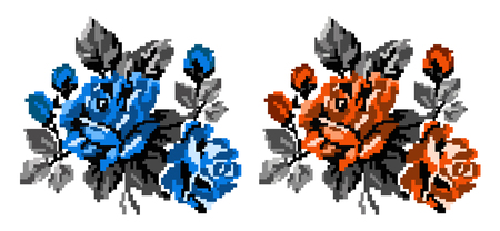 Two color bouquets of flowers (roses) in blue, orange and grey tones using traditional Ukrainian embroidery elements.  Can be used as pixel-art, card, emblem, icon.のイラスト素材