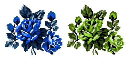 Two bouquets of flowers (roses) in blue and green tones using traditional Ukrainian embroidery elements.  Can be used as pixel-art, card, emblem, icon.のイラスト素材