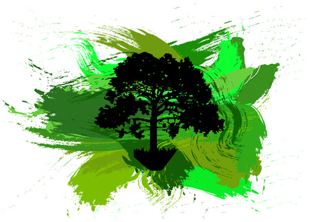 Black silhouette of tree with patches of paint.  Green splashes.のイラスト素材
