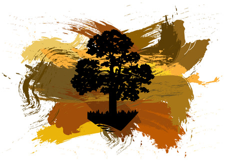 Silhouette of tree with patches of paint. Splash. Black, brown and yellow tones.のイラスト素材