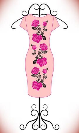 Female dress on hanger. Roses pixel art. Pink shades.のイラスト素材