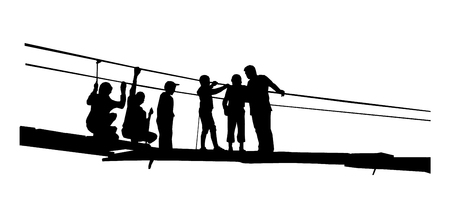 Silhouette of father with children in broken rope bridge.のイラスト素材