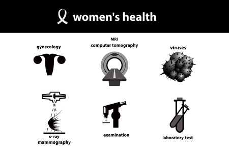 Set of medical icons. Women`s health. Silhouette of womb, mri, viruses, breast diagnostic, laboratory examination.のイラスト素材