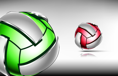3d abstract logo of volleyball ball. Neon sphere with silver elements around outside . Red and green tones.のイラスト素材