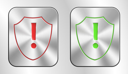 Silver chrome buttons with print of shield and exclamation mark in red and green tones.のイラスト素材