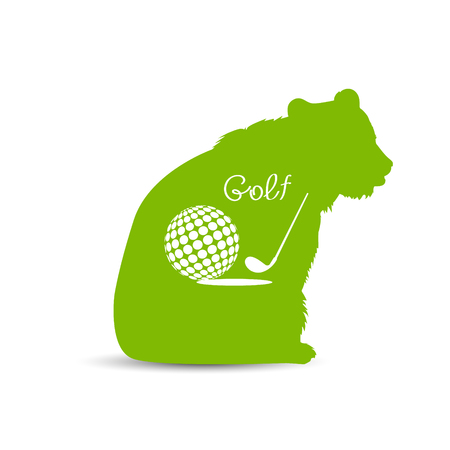 Silhouette of bear with golf ball like a globe near a hole and golf club. Green (grass) background.のイラスト素材