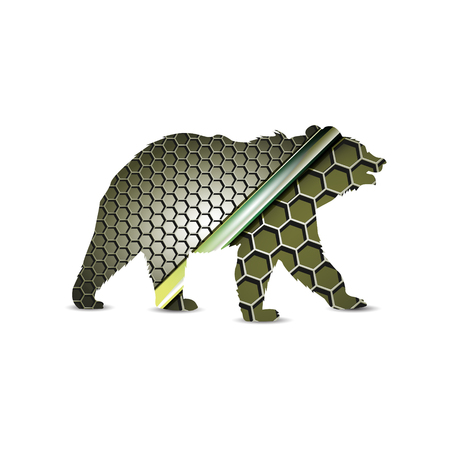 Silhouette of brown  bear with layered 3D background. Glossy chrome plates and honeycomb grid.のイラスト素材