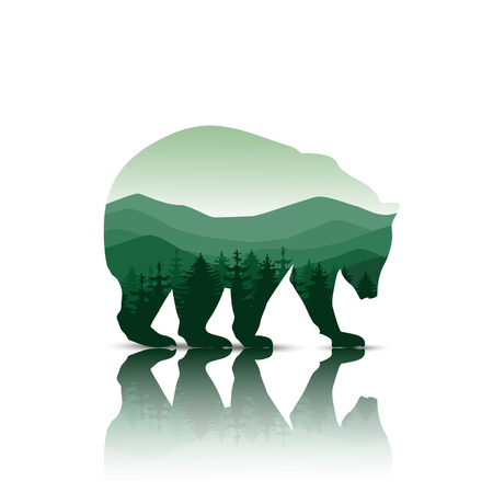 Silhouette of bear with panorama of mountains. Green tones. Walking on the ice.のイラスト素材
