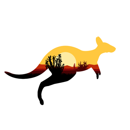 Image silhouette of jumping australian kangaroo with desert bush.のイラスト素材