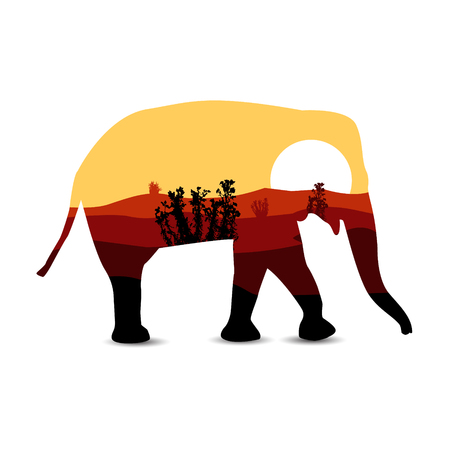 Silhouette of elephant with african landscape.のイラスト素材