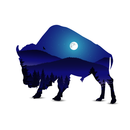Silhouette of bison with panorama of mountains. Moonlight.  Mist. Flying eagles.のイラスト素材