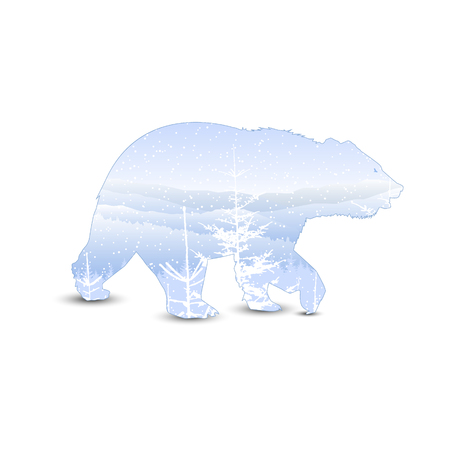Silhouette of bear with panorama of mountains.  Winter. Snowing.のイラスト素材